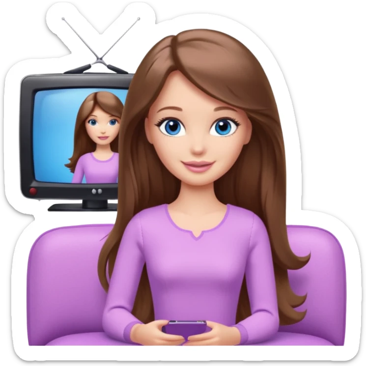 beautiful barbie girl with long brown hair, blue eyes and wearing light purple clothes watching tv sticker
