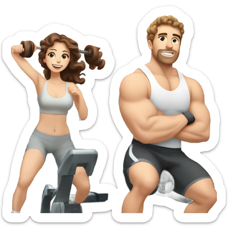 In a gym  husband with white skin and brown hair and wife with white skin and brown curly hair  sticker