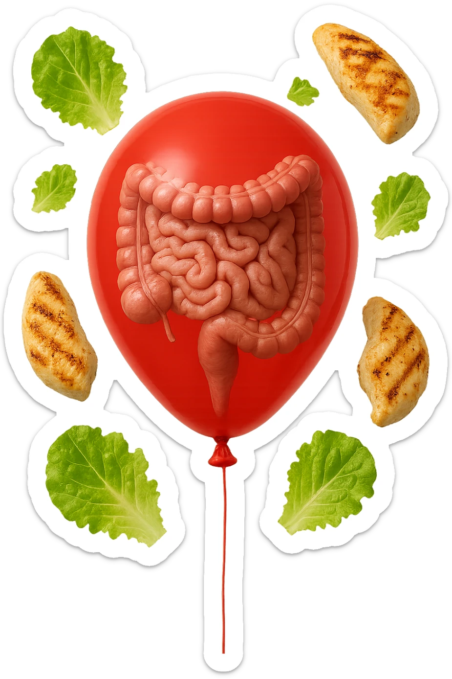 intestino anatomico realistico chiuso in un palloncino rosso e foglie di insalata e petto di pollo grigliato che fluttuano intorno sticker