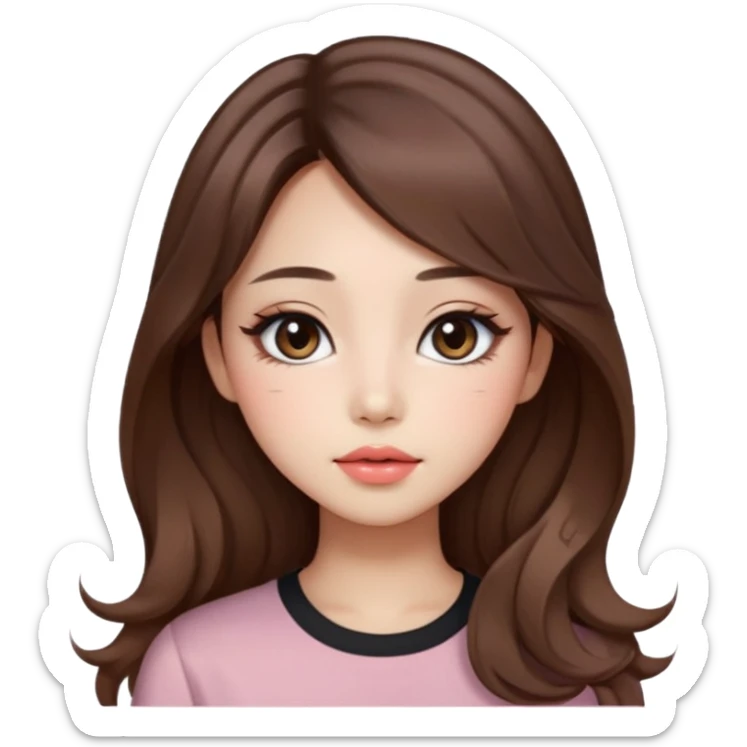 “korean straight brown hair Emoji girl, soft eyeliner and blush, gradient lips, light brown shimmer eyeshadow, long wavy hair,  sticker