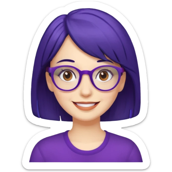 Cartoon adult woman with purple glasses, brown eyes, and dark blue medium length hair sticker
