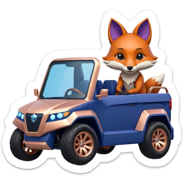 dark crystal blueberry and rosegold-accented cyber truck style-faceted-body electric racing car driven by a small cute but relaxed fox with rear spoiler, roll bar, and wheely bar sticker