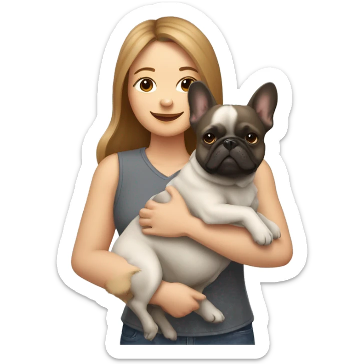 light brown hair woman hugging two dogs: a pomeranian and a dark gray french bulldog sticker