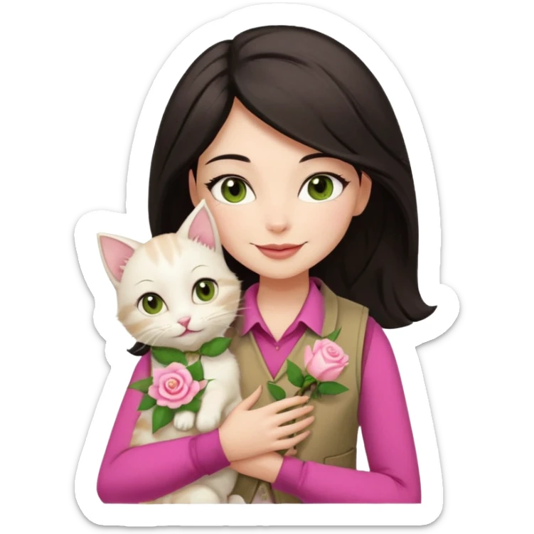 Make me an iphone avatar sticker of a woman with slightly brown black wavelength hair, dark brown eyes, slightly yellow white skin, pink lips, brown clothes and cream vest with a rose flower motif who is smiling and hugging a white kitten with green eyes. sticker
