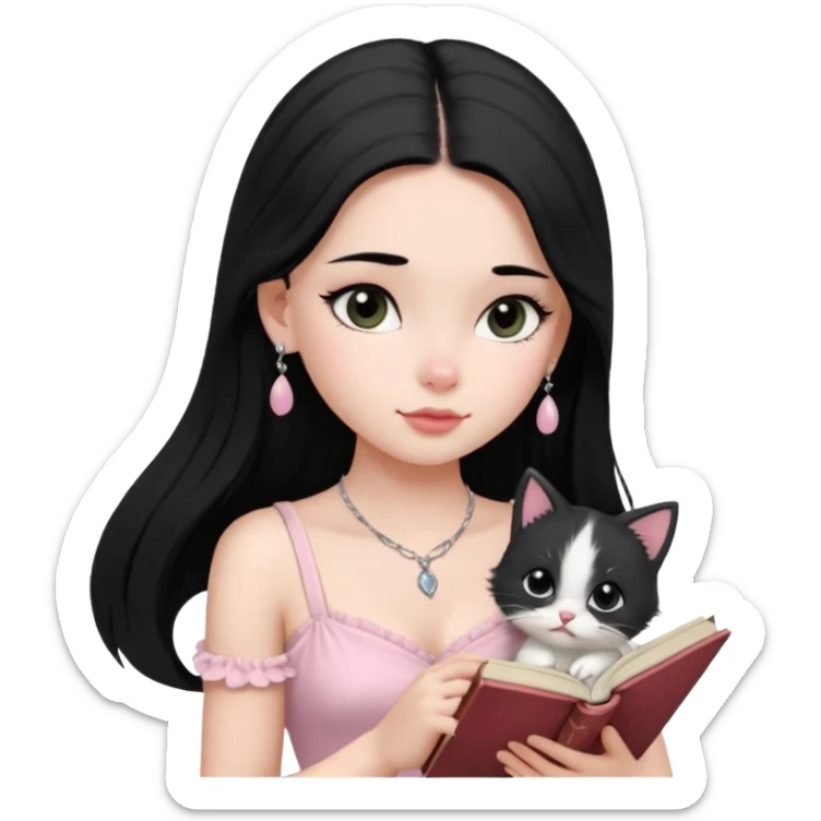Menina branca ,cabelos cor preta longos, olhos cor preta puxados para cima. Cílios longos, lábios grossos ,nariz pequeno ,vestido rosa claro de alça. Colar e brinco delicado. Lendo um livro com gatinho preto e branco. sticker