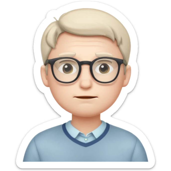 A small, timid-looking cartoon male character with pale skin, glasses, slightly nervous posture, blushing cheeks, subtle nerdy attire, soft color palette, stylized as a cute, minimalist emoji icon. sticker