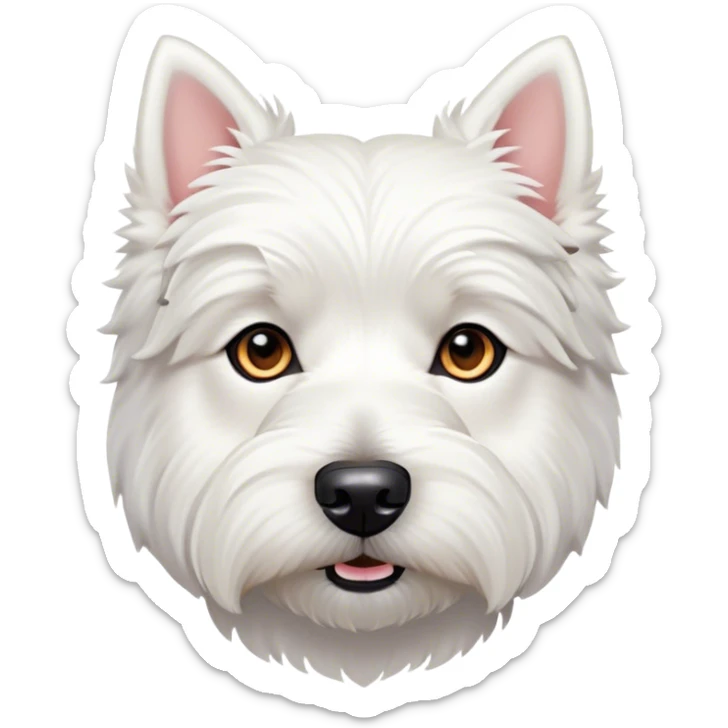 Cinematic Noble West Highland White Terrier Portrait Emoji, Poised and regal, with a compact, sturdy build and a pristine, well-groomed pure white coat, deep-set soulful dark eyes, Simplified yet sharp and sophisticated features, highly detailed, glowing with a soft, dignified glow, high shine, intelligent and loyal, stylized with an air of confidence, focused and attentive, soft glowing outline, capturing the essence of a watchful and determined companion, so majestic it feels as though it could trot out of the screen with effortless authority! sticker