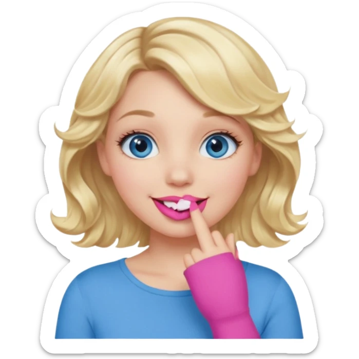 Girl Blonde short wavy hair,  blue eyes, cute blue top, long lashes, pink lips, smiling, hand over the mouth sticker
