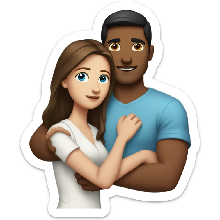 Couple with arms around each other; white woman with blue eyes and brown hair, Indian man with black hair  sticker