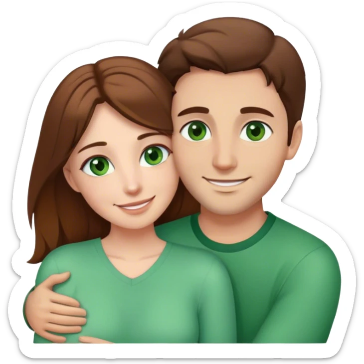 white couple with brown hair, woman has green eyes. man has brown eyes, they’re hugging each other  sticker