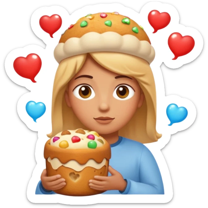 Apple-style emoji illustration of a person with dreamy eyes, and avobe them a thinking bubble with a traditional panettone inside the bubble, small hearts floating around, soft 3D emoji style, smooth gradients, rounded shapes, warm festive colors, simple expression. sticker