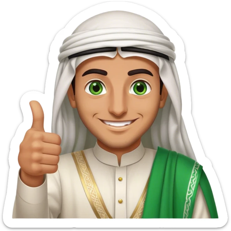 Tanned Arab Saudi man with green eyes, wearing an agal and traditional attire, smiling happily and giving a big thumbs-up sticker