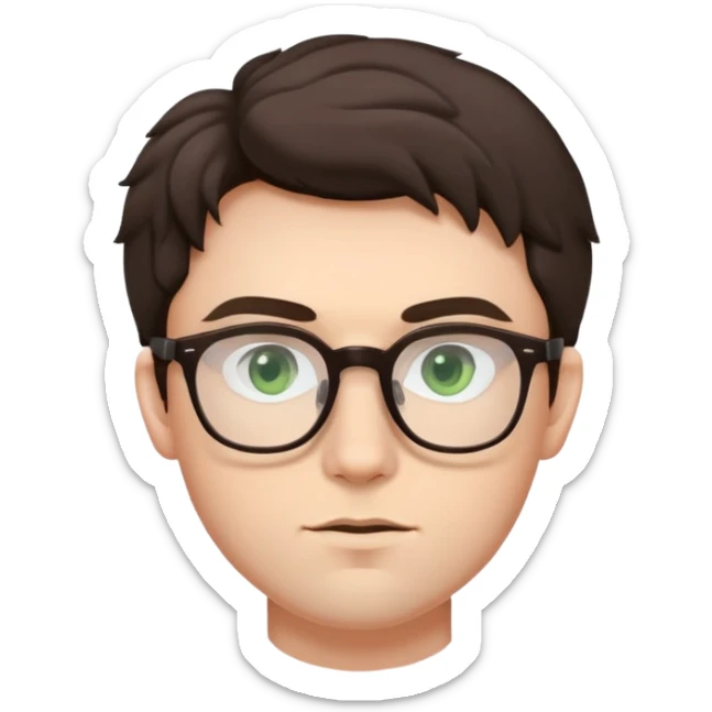 Young man with slightly curled dark brown poofy hair, green eyes wearing glasses, wide face with eyes set apart, bigger ears, pale skin, slightly bigger nose, fuller darker lips, and very light stubble sticker