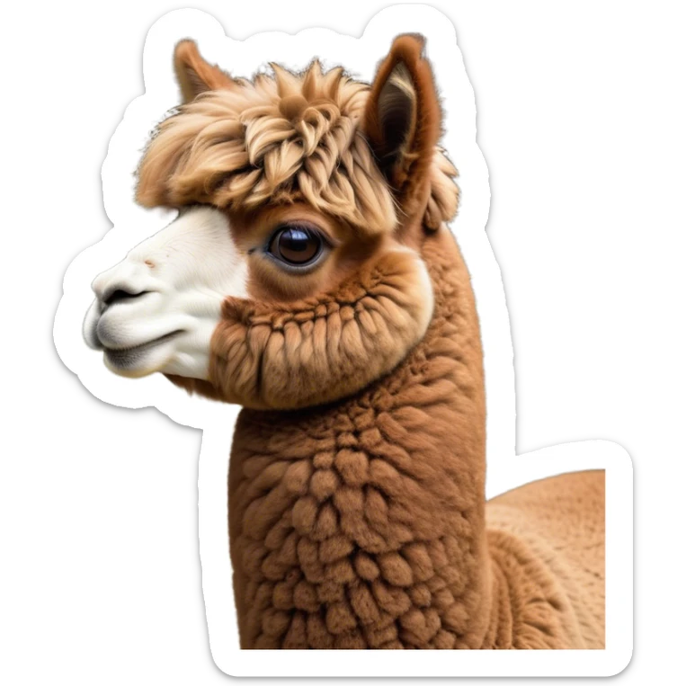 Cinematic Noble Brown Alpaca Portrait Emoji, Poised and regal, with a sturdy, graceful build and a rich, well-groomed brown fleece, deep-set soulful warm eyes, Simplified yet sharp and sophisticated features, highly detailed, glowing with a soft, dignified glow, high shine, intelligent and serene, stylized with an air of pastoral elegance, focused and attentive, soft glowing outline, capturing the essence of a watchful and confident companion, so majestic it feels as though it could stride out of the screen with effortless authority! sticker