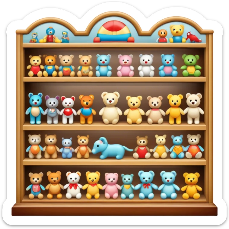 Icon for Toy Collecting: a collection of various vintage toys such as dolls, action figures and plush animals, displayed neatly on shelves or in display cases. The icon should evoke the joy and nostalgia of collecting toys. Transparent background. sticker
