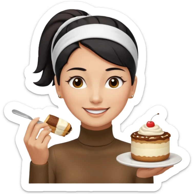  tan skin woman with long face, and short black hair slicked back ponytail with forehead showing, white headband, wearing white turtleneck shirt, eating tiramisu smiling with middle parted hair sticker