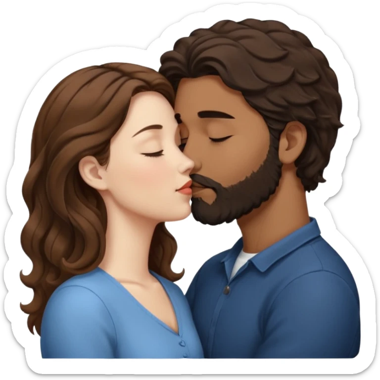 The woman is kissing the forehead of the man, side profile, White woman (brown hair with eyes closed) and brown man with black wavy hair (has a a beard with his eyes closed too). sticker