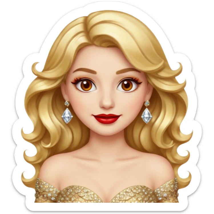 “Emoji girl, glamorous smile, shimmering gold eyeshadow, bold red lips, voluminous waves, dramatic lashes, wearing diamond earrings and gold gown.” sticker