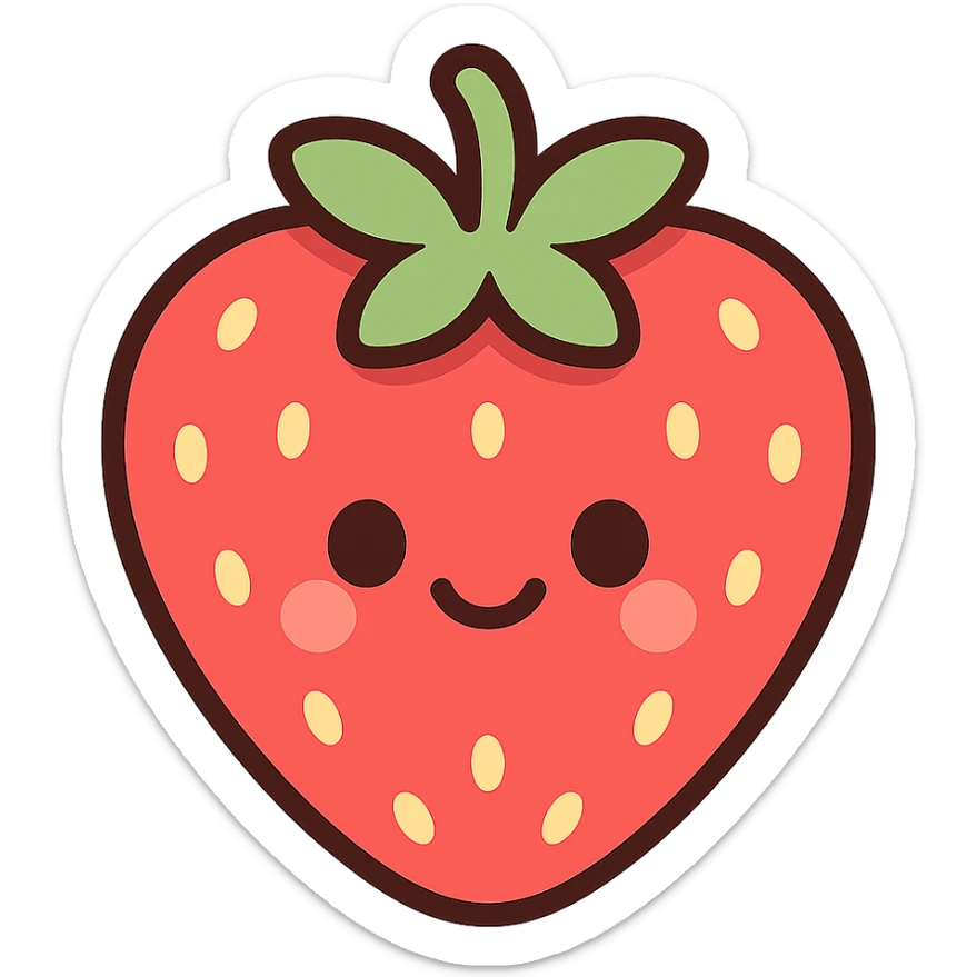 A series of illustrations stawberry in a kawaii emoji style, with detailed shading and highlights, thin clean outlines, soft and rounded features. Pastel color palette using  #FF5B5B, #CE4C4C,#CE4C4CThe style is inspired by modern Japanese pop art and sticker aesthetics. Highly detailed, vector clarity, soft lighting and subtle shadows. Transparent background without background. sticker