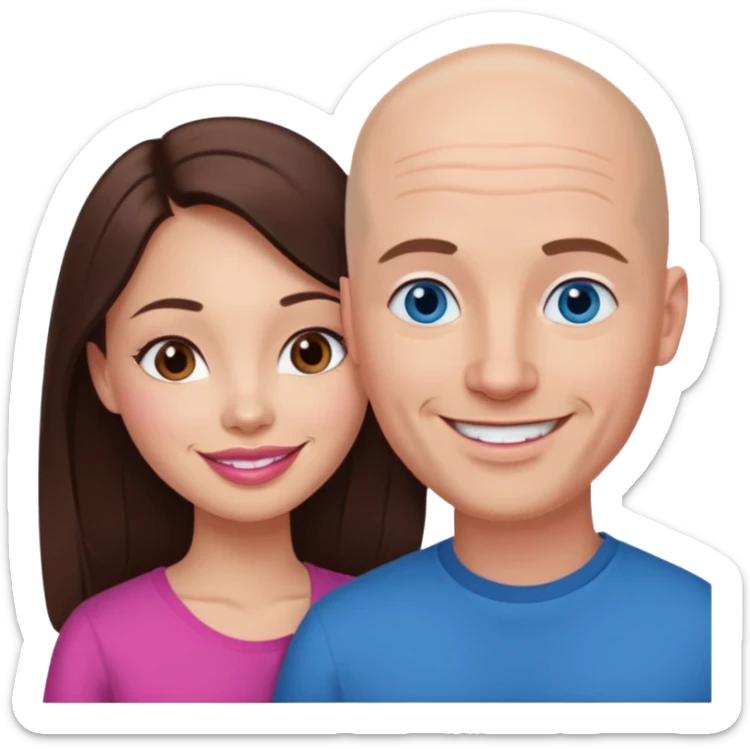 Bald white man blue eyes in love with Filipina woman with long hair dark brown eyes and pink lips smiling sticker