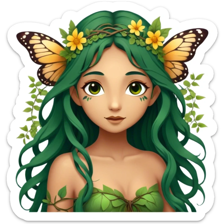Cinematic Realistic Forest Nymph Fairy portrait, with butterfly wings and depicted with lifelike, sun-kissed tanned skin that radiates an earthy glow, softly illuminated by natural, dappled light. Her long, flowing dark green hair is intricately detailed and interwoven with delicate vines and wildflowers, while her deep, soulful eyes mirror the wisdom of the forest. Dressed in an attire inspired by nature’s palette—with subtle botanical motifs—the portrait exudes a soft, enchanted glow that melds realism with woodland magic. sticker