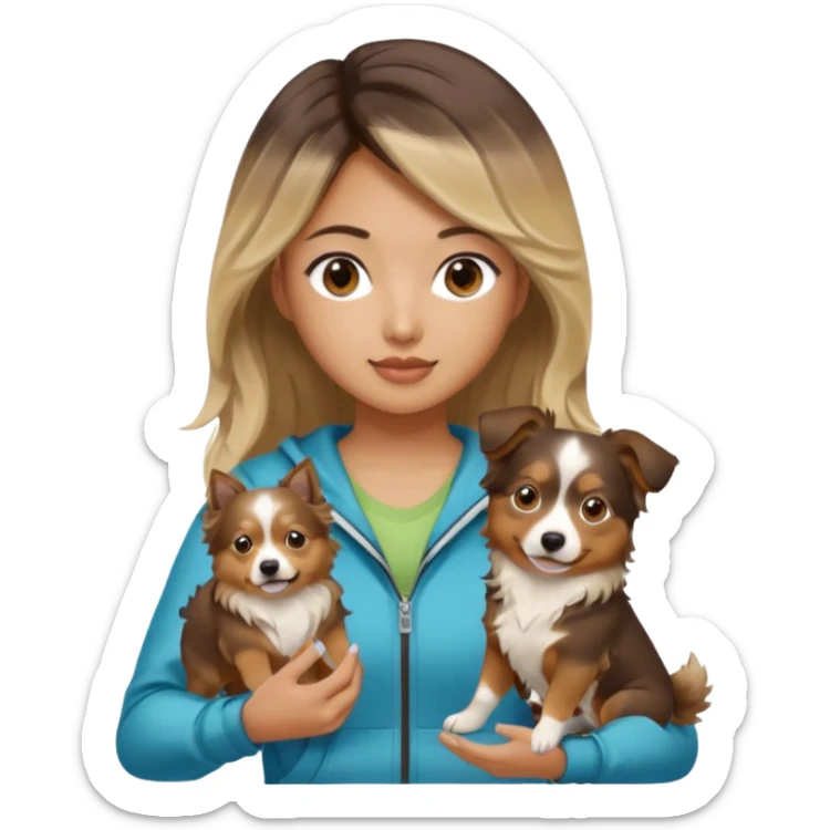 An Asian lady with long balayage hair with blonde highlights, in a brown gym outfit, holding a mini Australian shepherd  sticker