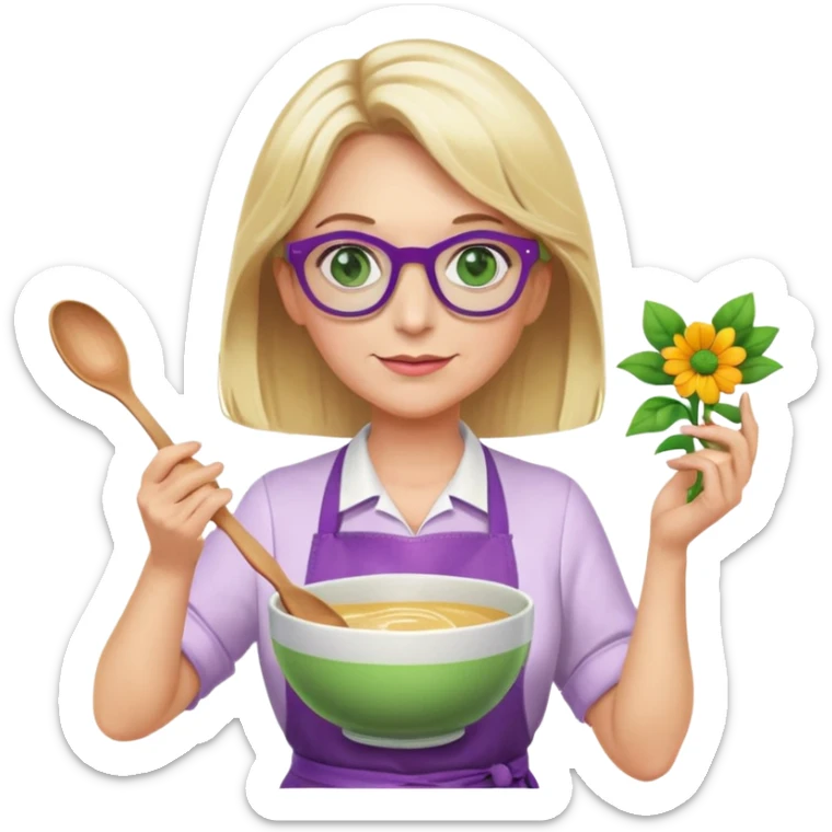 middle aged woman with shoulder length blonde hair, purple glasses, green eyes, flower apron, holding a bowl and mixing spoon sticker