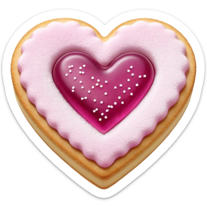 Realistic shortbread cookie in the shape of a heart with light margenta jelly middle filling and sprinkled powder sugar on top. sticker