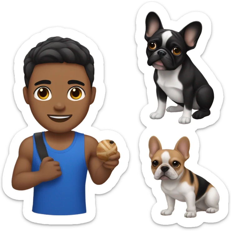 athletic light skin male with black fade hairstyle holding a french bulldog sticker