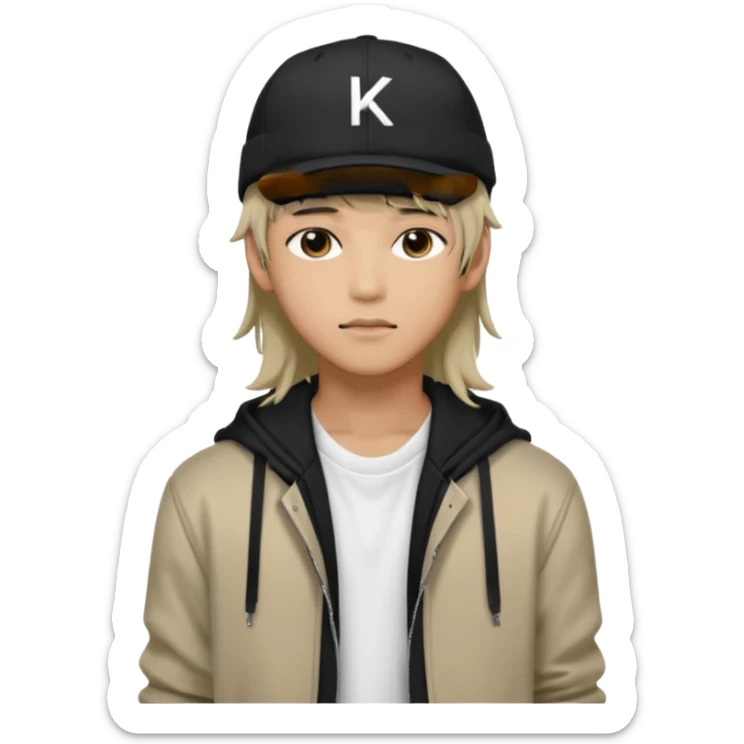 Portrait of a male K-pop idol, wearing a stylish streetwear outfit with layered clothing, long hair with bangs, makeup, wearing a black cap sticker