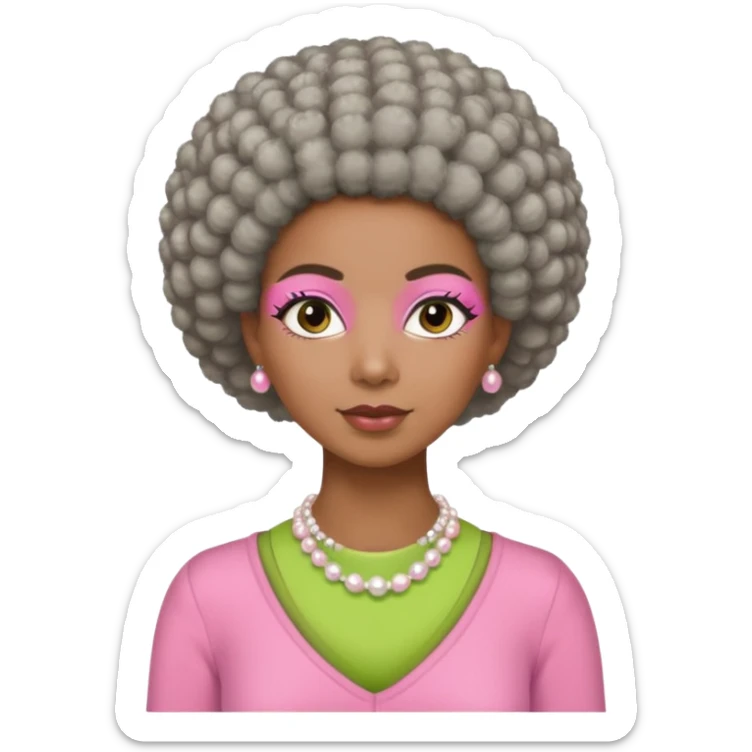 Brown woman with short gray Afro  wearing pink and green outfit and pearl necklace  sticker