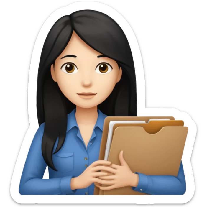 a light tan woman with long black hair past mid-back, round brown eyes and manila folder in her hands sticker
