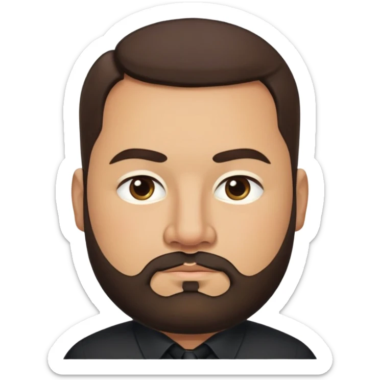Very stocky businessman in his 40s with light brown skin, pear-shaped face (wider at bottom), full cheeks, medium dark brown eyes, thick eyebrows, wide nose, professional expression, short full beard, short dark hair, wearing a black button-up shirt sticker