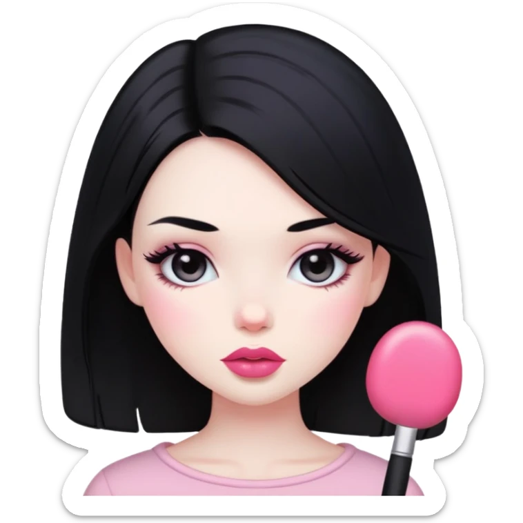 Girl with black hair and pale skin with pink lips and blush sticker