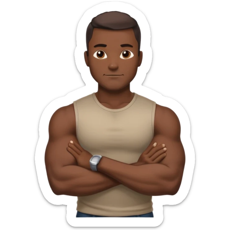 Adult male, dark skin, muscular build, confident smirk, arms crossed, sleek modern casual clothing, assertive pose, strong silhouette, bold shading. sticker