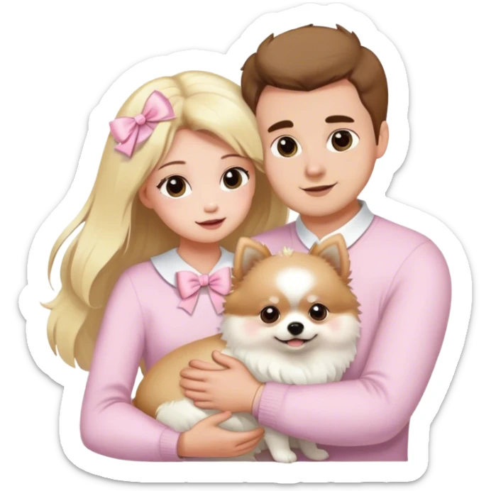 Blond girl white skin with husband brown hair hugging white Pomeranian with light pink bow sticker