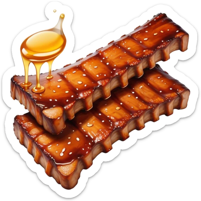 Honey Glazed BBQ Ribs Cinematic Realistic Honey Glazed BBQ Ribs Dish Emoji, depicted as a small portion of tender, honey-glazed ribs with a sticky, smoky finish, rendered with rich textures and warm, dynamic lighting. sticker