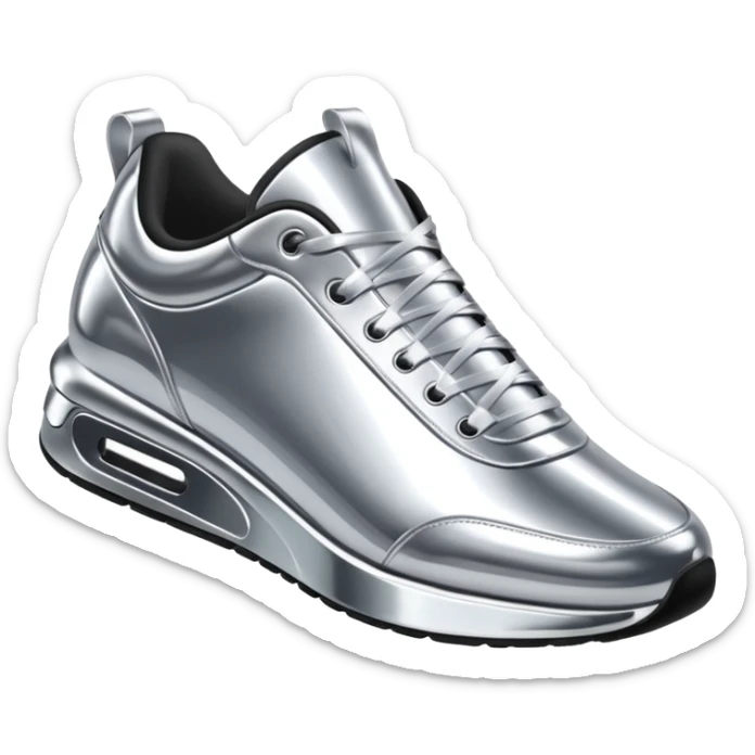 A pair of futuristic sneakers emoji made of silver chrome, sleek streetwear design, smooth metallic panels, subtle reflections, luxury swag aesthetic, iOS emoji style, centered, clean white background sticker