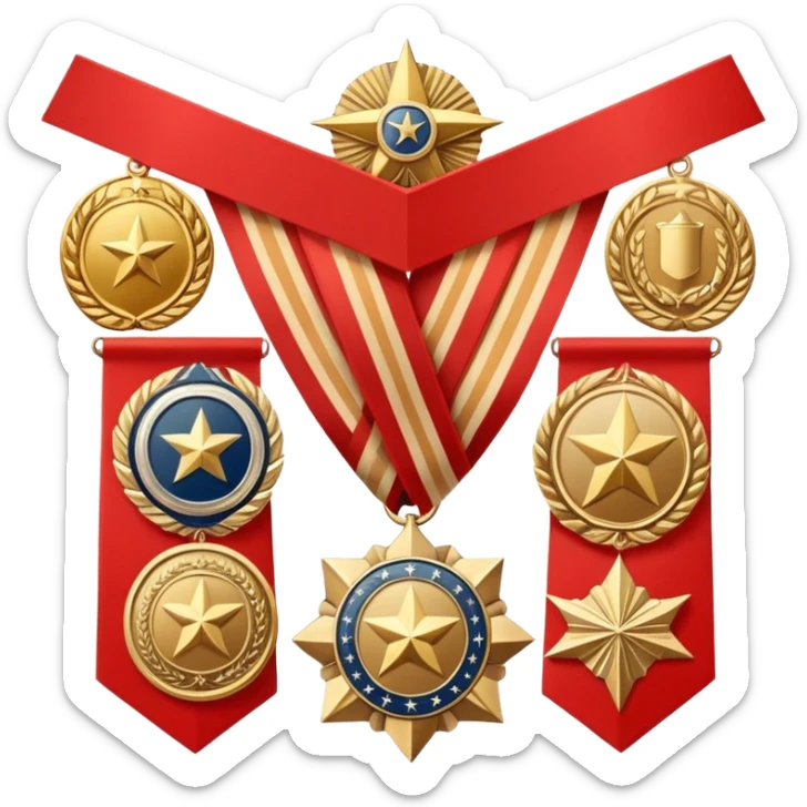 Icon for Collecting Orders, Medals & Badges: a variety of vintage orders, medals and badges, displayed neatly on a big red pennant. The icon should reflect the honor and historical significance of these collectible items. Transparent background. sticker