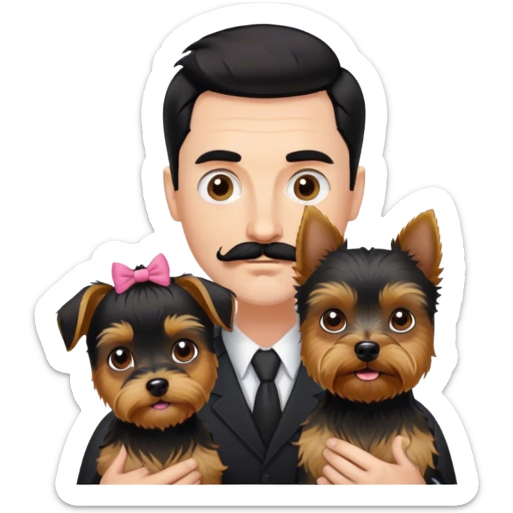 Tall white man with dark hair mustache goatee, and short pale woman with black hair bun, and a yorkshire terrier dog sticker