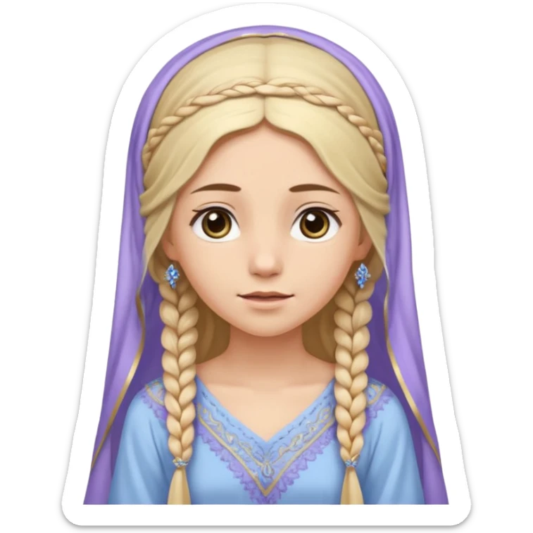 
mujer, Joven, de aspecto dulce y elegante.
Piel clara, ojos grandes y expresivos, sonrisa triste.
Rubio o castaño claro, largo, con trenzas o velo.
Vestido largo hasta los pies de tonos suaves (blanco, azul o lavanda), con bordados dorados; toca fina cubriendo la cabeza. sticker
