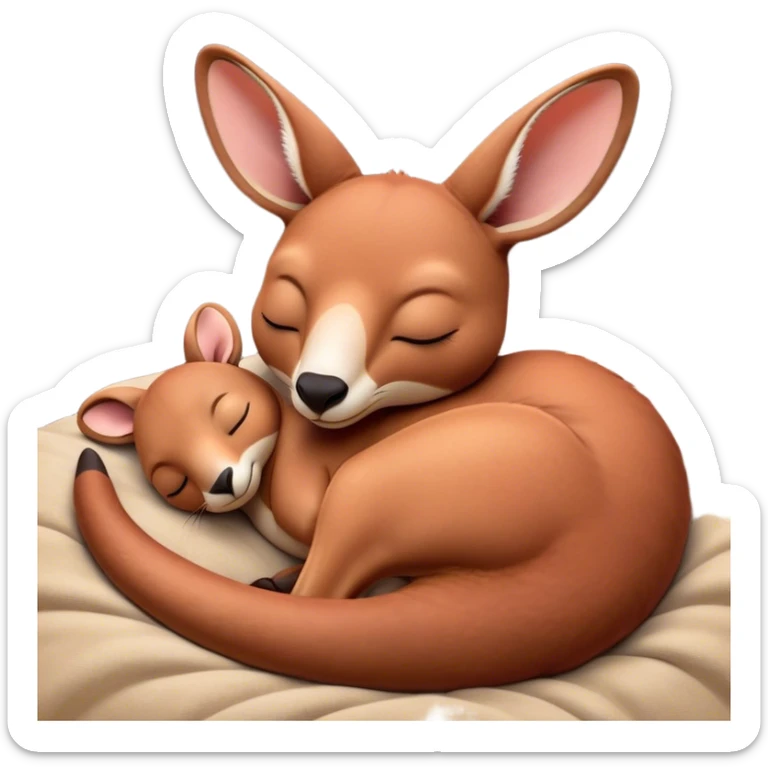Meme-Worthy Cute Sleeping Adult Red Kangaroo Portrait Emoji, Head resting peacefully with a contented smile, showcasing a solid, reddish form with a characteristic red kangaroo-shaped head featuring a soft, elongated snout and small, relaxed ears, eyes shut in a serene, restful nap, Simplified yet adorably endearing features, highly detailed, glowing with a soft, drowsy outback light, high shine, relaxed and utterly lovable, stylized with an air of playful laziness, soft glowing outline, capturing the essence of a sleeping kangaroo that feels destined to become the next viral icon of adorable rest! sticker