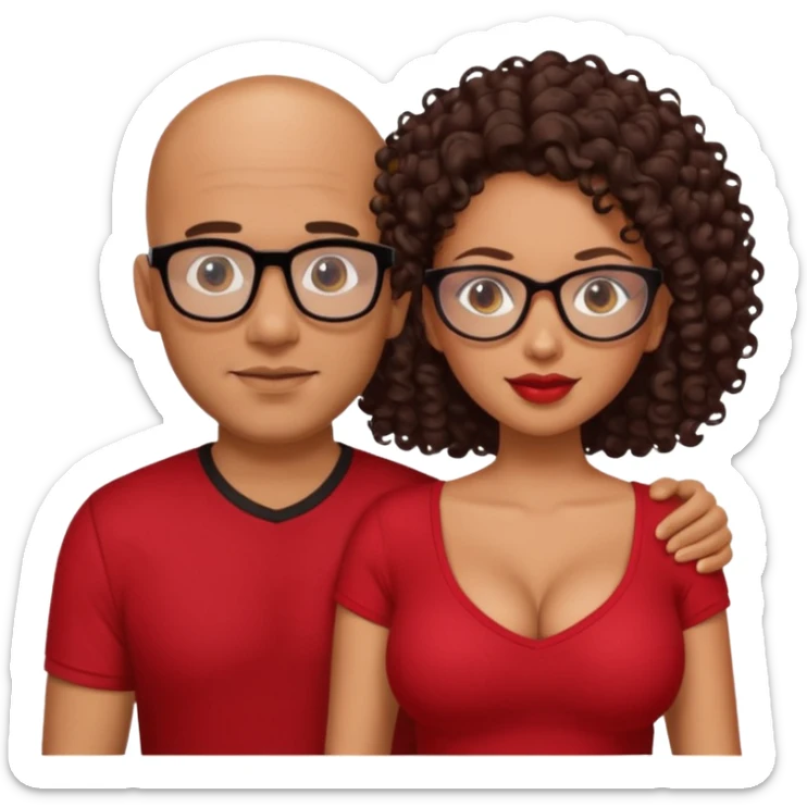 A picture of a sexy tanned couple. the guy is Mexican, with a bald hair cut and a red shirt. the girl is mixed, she has curly longer dark brown hair, the girl has glasses only, and with big boobs and black shirt  sticker