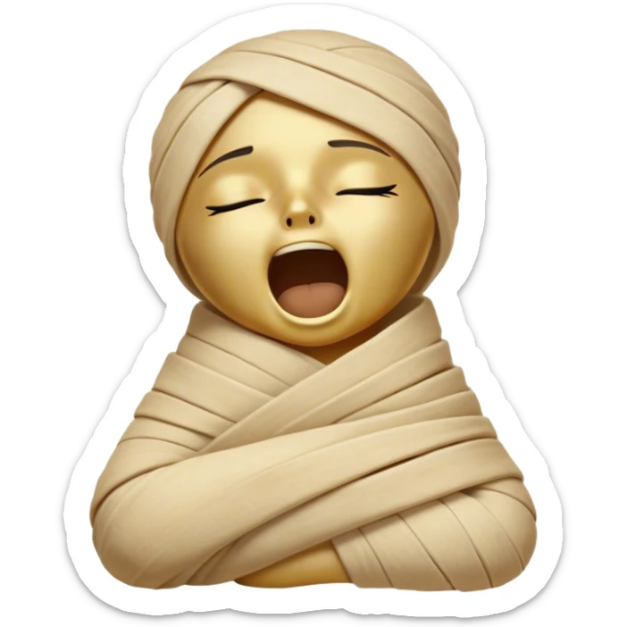 Cinematic Cute Yawning Mummy Portrait Emoji, with a snug, slightly askew bandaged form in warm, faded tones with gentle golden accents, head tilted back in a big, sleepy yawn revealing cute hints of ancient charm, simplified yet adorably detailed, glowing with a soft, nostalgic radiance and a gentle outline that captures a mummy’s tender need for rest! sticker