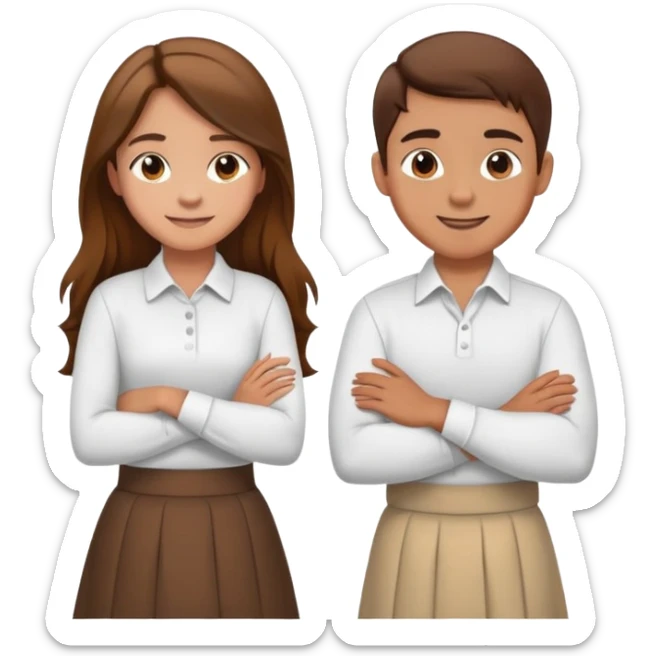 A boy in a white shirt and a girl with long hair in a skirt crossed their arms over their chests - with happy faces sticker