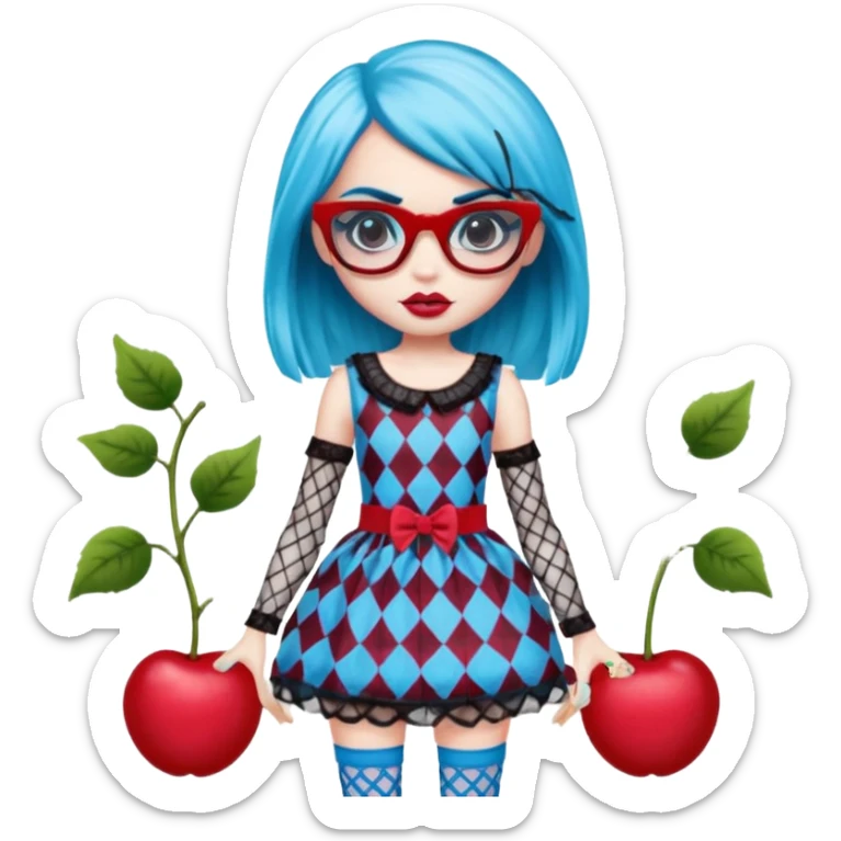 Ghoulia yelps monster high doll in scene/emo style cherry print dress with fishnet sleeves, clothes, thin, small, red, rectangle glasses sticker