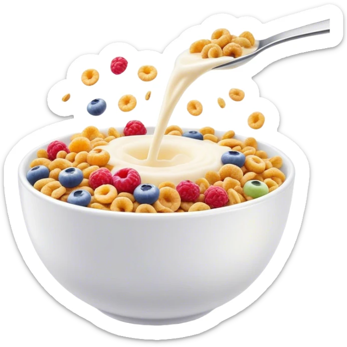 Cinematic crunchy cereal, vibrant and colorful, splashing into a bowl of cold milk, soft glowing background, dynamic movement, playful and inviting, nostalgic and fun. sticker