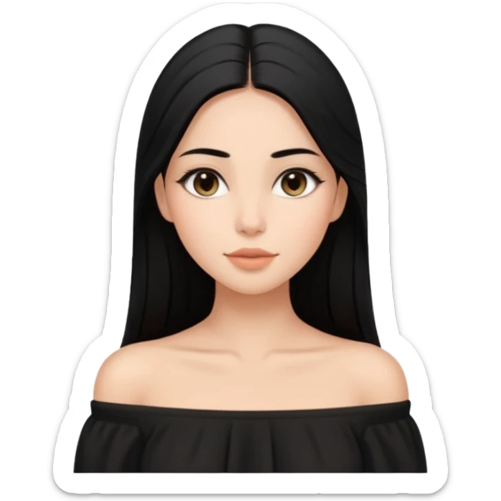 A realistic 3D avatar of a young woman with a soft oval face, slim cheeks, natural almond eyes, long straight black hair, minimal makeup, wearing a black off-shoulder top, elegant and aesthetic, tanned skintone. sticker