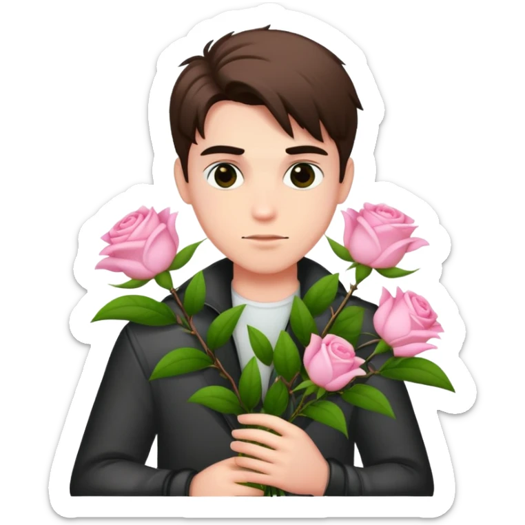 A cool bad boy with fair skin holding a bouquet of pink jasmine roses sticker