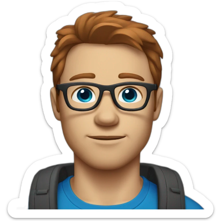 Slightly husky guy with reddish-brown hair and black glasses in a blue t shirt and blue eyes sticker
